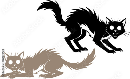 Spooky black cat silhouette vector set, arched back hissing halloween cat illustrations, aggressive feline with glowing eyes and spiky fur