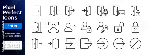 Open door line icon set. Login, logout, register, password, face recognition, key lock, exit minimal vector illustrations. Simple outline signs for access control. 48x48 Pixel Perfect Editable Stroke