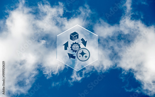 Conceptual image of AI-driven global logistics and supply chain optimization with shiny sparkling icons inside a transparent glass hexagon against a blue sky background