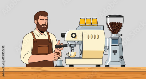 Professional male barista making espresso, bearded man in apron using coffee machine and grinder, flat vector illustration for cafe marketing