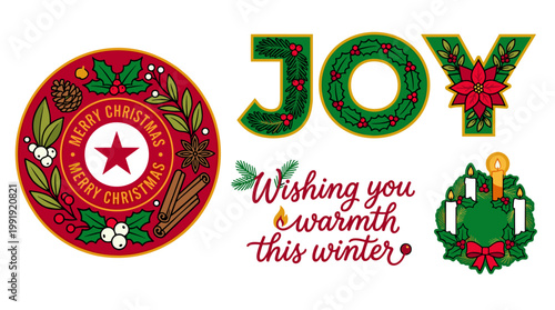 Christmas Botanical Flat Vector Elements: Festive Badge, JOY Typography, Winter Lettering, and Advent Wreath