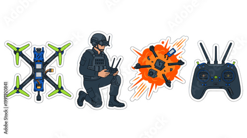FPV Drone Sticker Set: Tactical Operator, Remote Controller, and Exploding Combat Quadcopter Flat Vectors