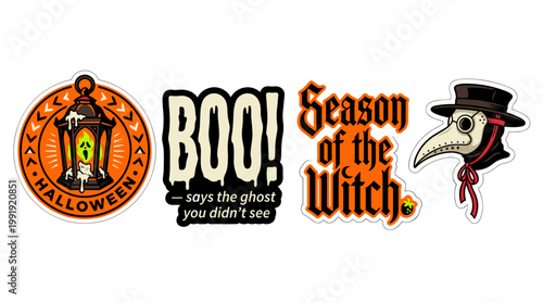 Halloween vector elements set: lantern badge, boo typography, gothic witch lettering, and plague doctor mask