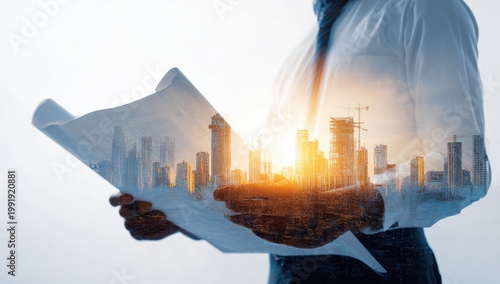Man in formal attire holding architectural plans, city skyline superimposed with sunlight