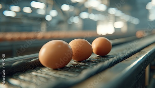Three fresh brown eggs on a conveyor belt in a processing facility
