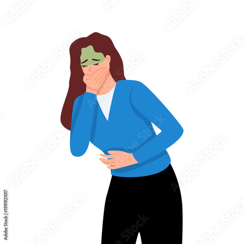 Woman suffers from nausea and covers mouth with hand after poisoning or alcohol intoxication causing vomiting. Girl feels nausea caused by intestinal disorder that negatively affects health.