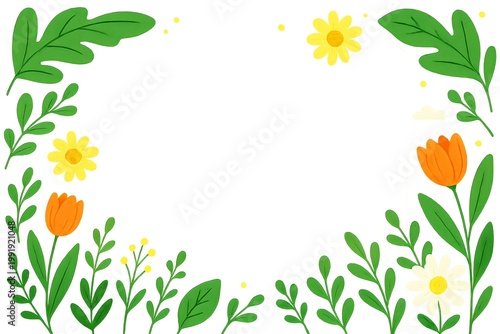 Spring Floral Border with Hand Drawn Plants on White Background for Card Design