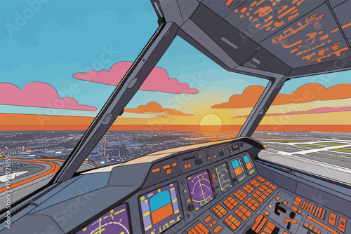 Sunset view from an airplane cockpit with city lights in the background and control panels visible in the foreground