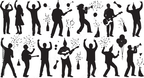 Silhouettes of people celebrating with music and confetti