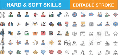 Collection of hard and soft skills icons in editable stroke style Vector Isolated white background