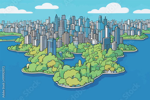 Cityscape shows buildings and green areas in a water surrounded setting with blue sky and clouds during daytime with no people visible