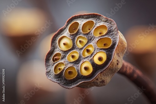 Close-up macro of a lotus seed pod with many holes containing yellow seeds