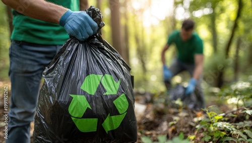 Two people collecting trash in a forest. One is holding a black recycling bag with the symbol