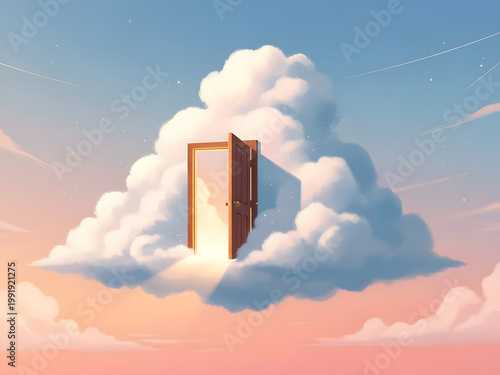 Cloud Door of Dreams: An open door amidst fluffy clouds in a pastel sky, inviting viewers to step into a world of endless possibilities, hope, and imagination. 