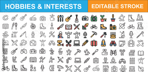 A collection of icons representing various hobbies and interests Vector Isolated white background