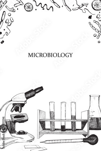 Microbiology instruments, equipment, and microorganisms in engraved style. A vertical frame for designing invitations, posters for scientific events, and training certificates.