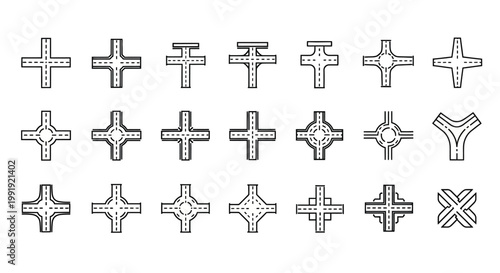 Set of Road Intersections and Junctions Icons - Vector Graphics