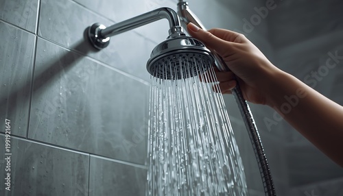 A hand adjusts a shower head, directing the flow of water for a refreshing and invigorating experience.
