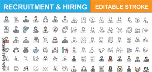 A collection of editable stroke icons for recruitment and hiring Vector Isolated white background