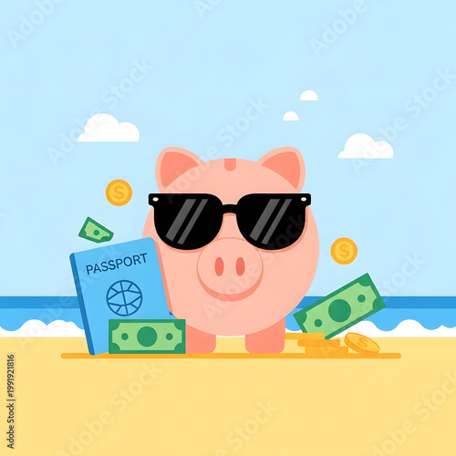 Vacation Savings: A charming piggy bank, adorned with stylish sunglasses, savors the sun-kissed beach, symbolizing financial planning for exciting travel adventures, alongside currency and a passport.