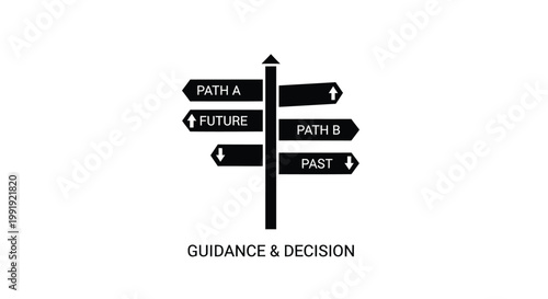 directional signpost, guidance and decision, future versus past, path choices, conceptual vector icon