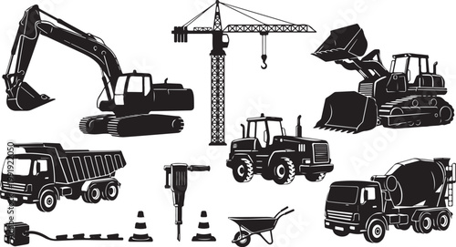 Construction vehicles and equipment in black silhouette style