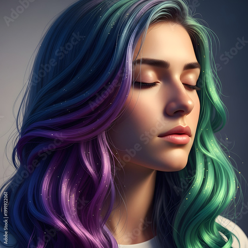 Enchanting Persona: A portrait of a woman with captivating multi-colored hair and eyes gently closed, exuding serenity and grace. The interplay of colors in the hair enhances her beauty.