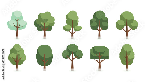 Collection of stylized trees in various shapes and sizes displayed in a grid layout