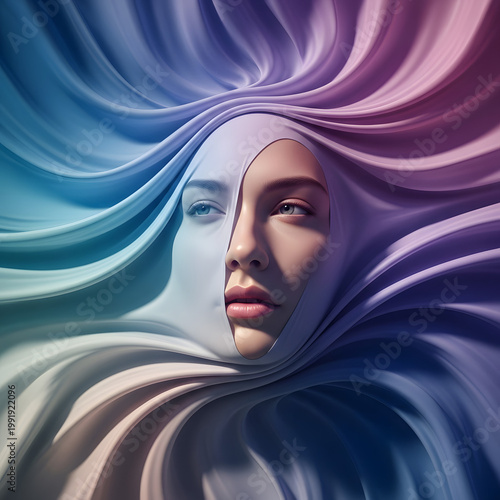 Enigmatic Veil: A woman's portrait, shrouded in swirling fabric of pastel hues, her gaze direct, stirring curiosity and intrigue.