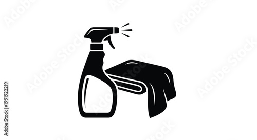 Cleaning spray bottle, cloth icon, black silhouette, cleaning supplies, household vector