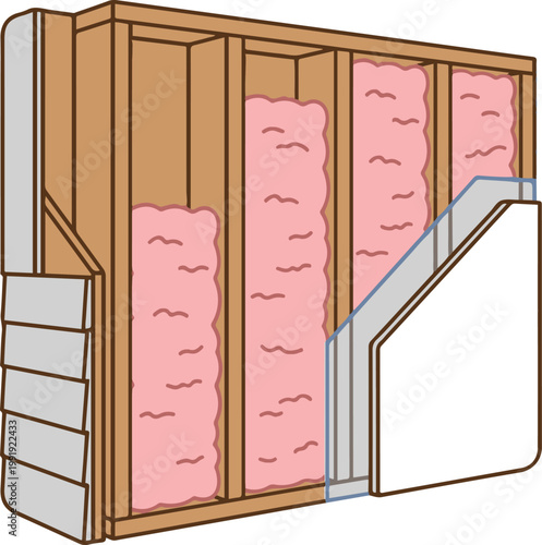 Cartoon illustration of wall framing with insulation installed between wooden studs, showing residential construction details.