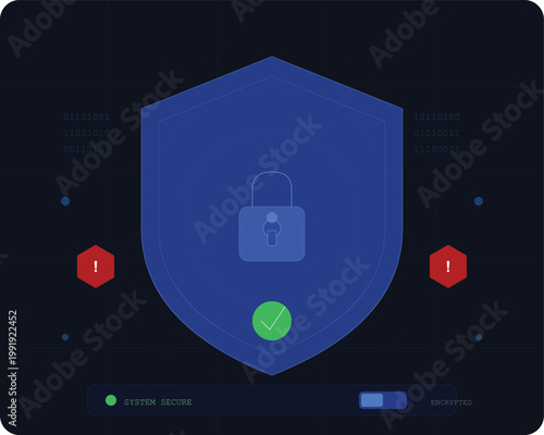 Cybersecurity shield icon with padlock, digital data protection interface, network security system vector illustration for web safety