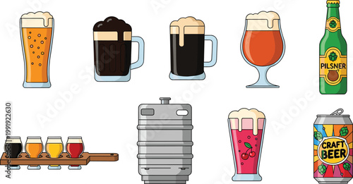 Craft Beer and Brewery Vector Illustration Set Featuring Pilsner Bottles, Stout Mugs, Kegs, and Tasting Flights for Pub Menus, Bar Branding, and Oktoberfest Graphic Designs