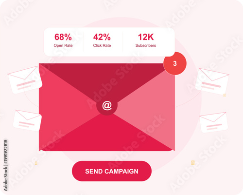 Email marketing campaign vector illustration, digital newsletter analytics dashboard with open rate and click rate, red envelope with notification
