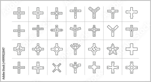 Set of road intersection icons, various junction types, hand-drawn style