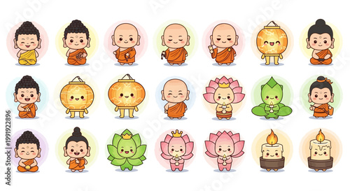 Cute Cartoon Buddhist Monks, Lotus Flowers, Lanterns, and Candles Icons Set