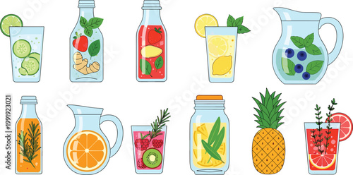 Healthy Fruit Infused Detox Water Vector Icon Set Featuring Fresh Strawberry, Lemon, Cucumber, and Herb Sprigs in Glass Bottles and Pitchers for Wellness and Fitness Designs