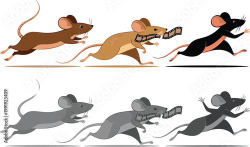 Set of cute cartoon mouse characters running in various poses, including one holding a film strip, available in both colorful and grayscale vector styles for animation and cinema themed designs.