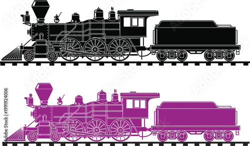 Detailed vector silhouettes of a vintage steam locomotive train on tracks in black and purple colors, featuring intricate engine parts and wheels for historical and industrial designs.