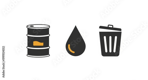 Oil barrel drop and trash can icons representing waste and disposal.