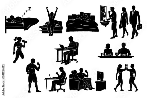 Daily routine silhouettes of exercising, working, and dining activities.