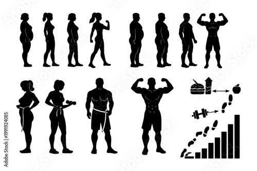 Silhouettes of fitness transformation from overweight to muscular with diet and exercise icons.