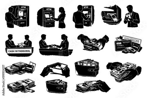 Silhouettes of banking transactions: atm use, cash handling, and card payments.
