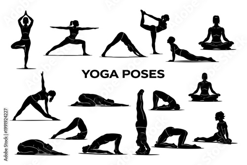 Diverse silhouettes of people practicing yoga poses in various positions.