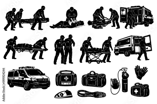 Emergency responders and medical equipment silhouettes with ambulance.