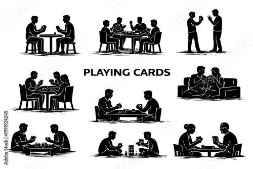 Silhouette illustrations of people playing cards in various social settings.