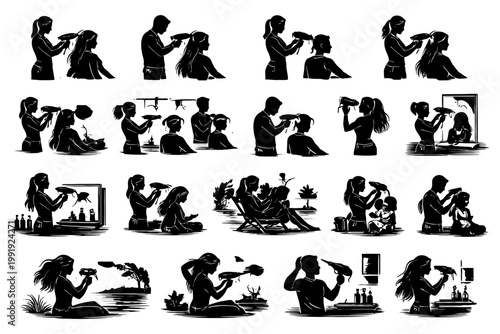 Hair styling silhouettes of caucasian female and male adults in various grooming scenarios.