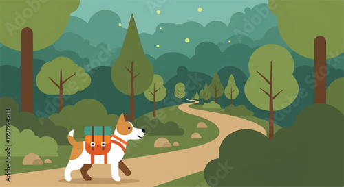 A dog with a backpack walking on a path in a forest nature walk backpacking