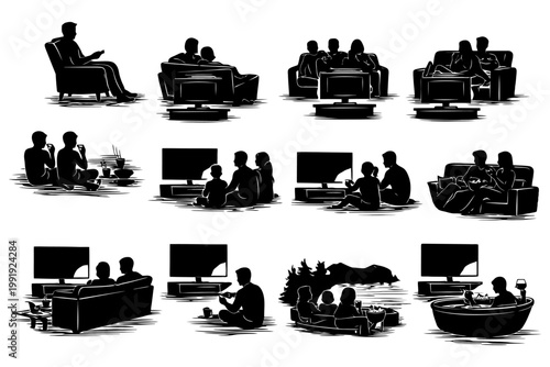 People watching tv silhouettes - diverse family and friendship settings.