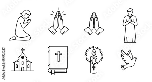 Collection of Religious Symbols and Icons in Line Art Style.